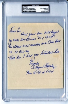 Rogers Hornsby Signed, Hand-Written Letter 